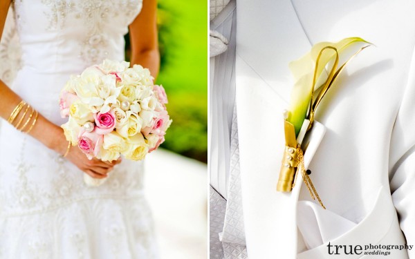 White bridal bouquet and a boutonnière with a white tuxedo at a San Diego wedding
