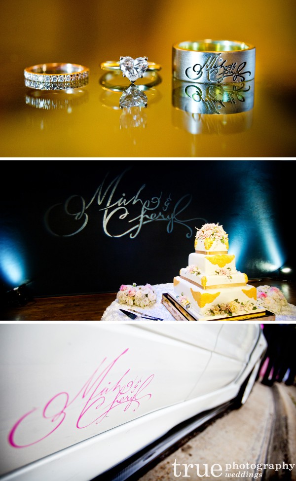 Wedding rings and wedding monogram at a US Grant wedding in San Diego 
