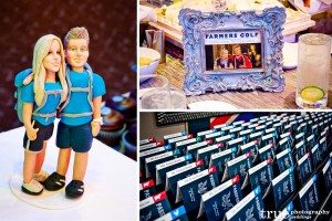 Meghan and Cheyne in an Amazing Race themed wedding cake topper, Passport escort cards and funny bridal party photography in downtown San Diego