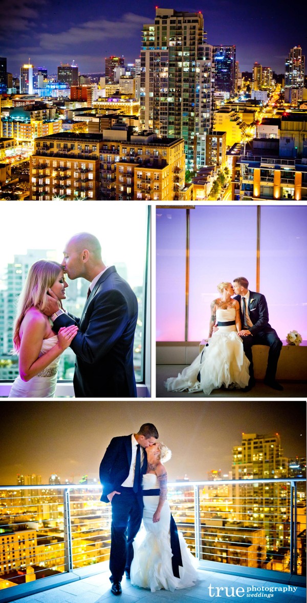 San Diego Wedding Photographers: Photos of brides and groom at night at Diamond View Tower in San Diego 