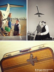 San Diego Wedding Photography: Vintage engagement photoshoot at the San Diego International Airport with luggage