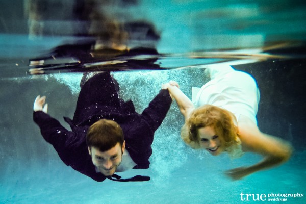 True Photography San Diego: Underwater engagement photoshoot wearing wedding dress and suit in Southern California  