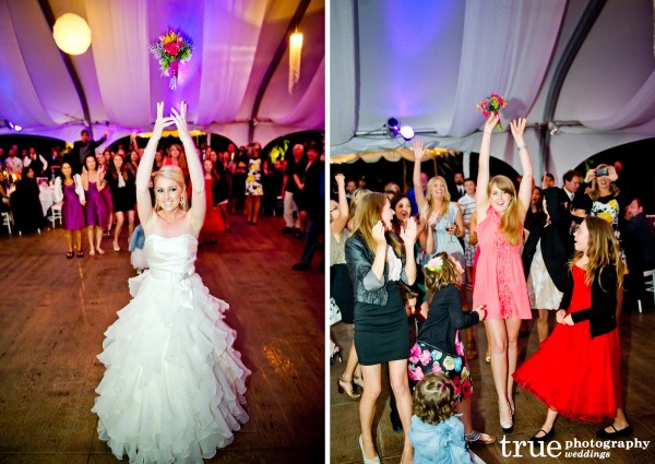 Bouquet toss during wedding at Pala Mesa with lighting and music by Music Phreek