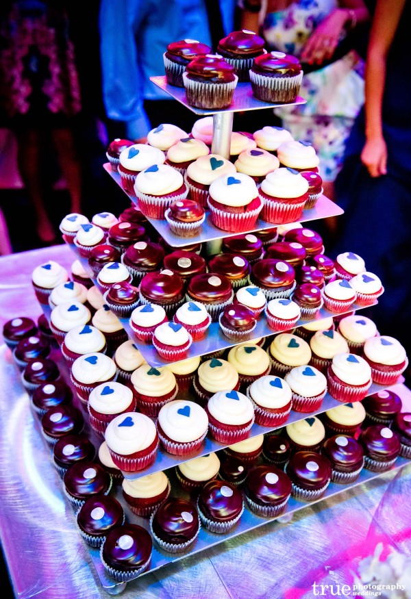 Chocolate and Red Velvet cupcakes with hearts at wedding by Sweet Cheeks Baking Co