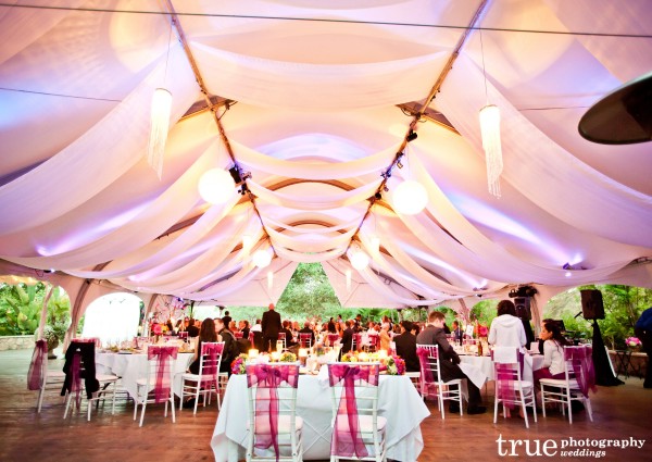 San Diego Wedding Photography of tent with purple lights by Music Phreek DJ and Lighting at Pala Mesa Wedding