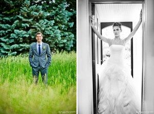 groom standing in field, b&w of bride in doorway Denver Botanic Gardens