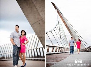 engaged couple on Harbor Drive Pedestrian Bridge