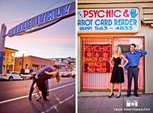 Little Italy Engagement shoot couple under sign and by psychic