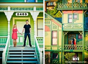 engagement photo shoot of Old Town Couple in front of colorful house