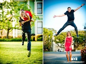 engagement photo shoot of Old Town Couple jumping around