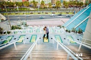 engagement photo shoot on stairs at San Diego Convention Center