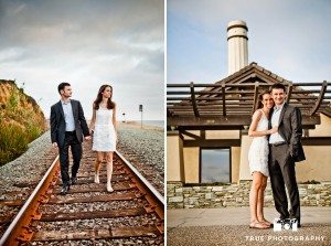 Engagement shoot of Del Mar Beach couple walking on train tracks