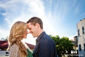 Little Italy Engagement shoot couple with blue sky