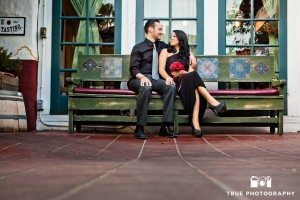 Old Town engagement shoot of couple sitting on bench
