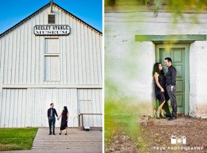 Old Town engagement shoot of couple standing in front of white building