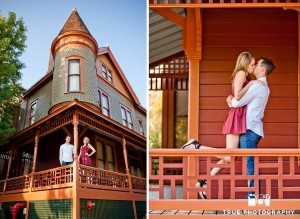 Old Town engagement shoot of couple near colorful railing