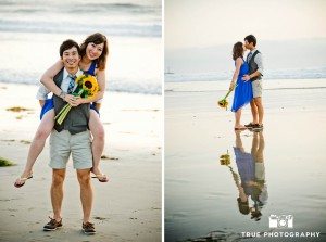 Engagement photo shoot of Mission Beach couple relaxing on the sand