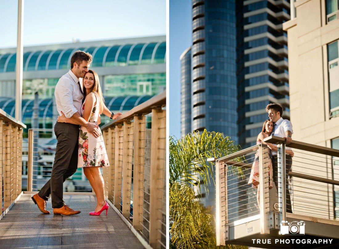 Engagement photo on balcony downtown san diego