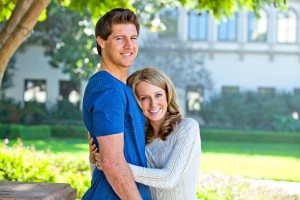 Engagement shoot photo of USD Campus causal couple hugging