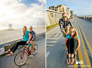 engagement photo shoot of Pacific Beach couple riding bikes and skateboard on boardwalk