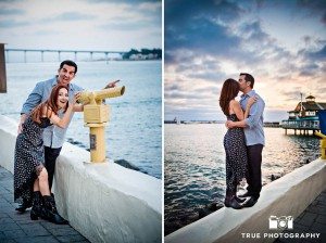 couple at waterfront locations at Seaport Village Engagement Photo Shoot