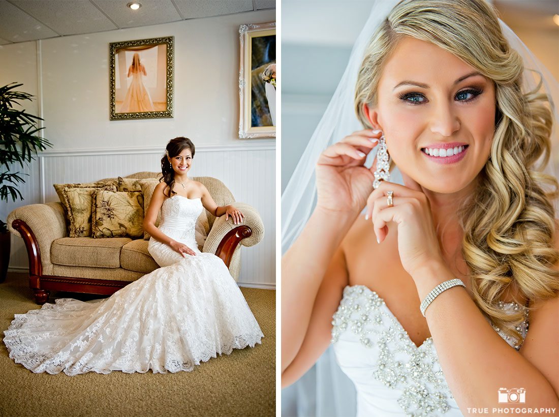 Brides get ready for wedding day by putting on jewelry and dress