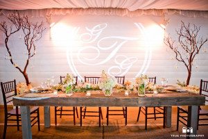 Romantic sweetheart table in tented pavilion at Green Gables