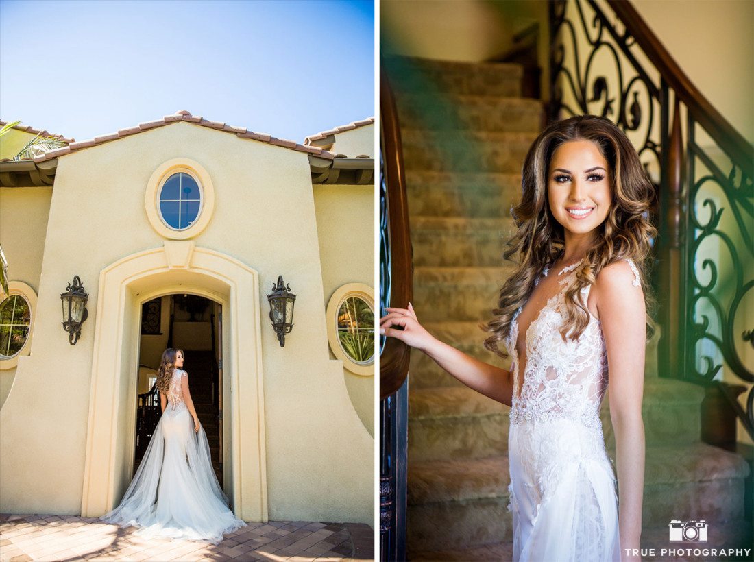Beautiful bride stands in doorway at home as she prepares for wedding ceremony