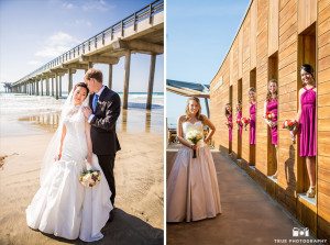 Bride and groom and bridesmaids portraits at scripps seaside forum