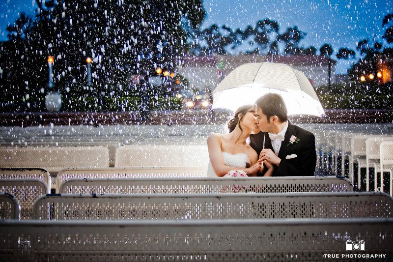 Balboa Park, San Diego rainy night shot of wedding couple