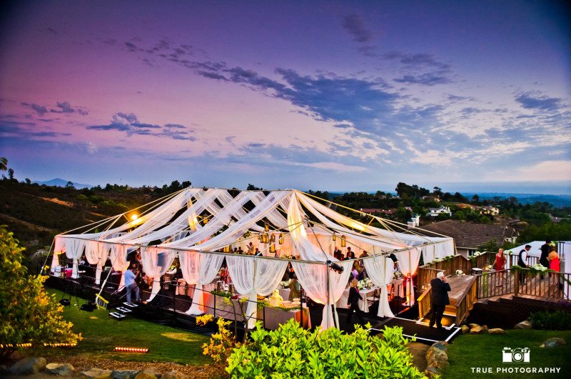 San Diego, California wedding reception tent during sunset