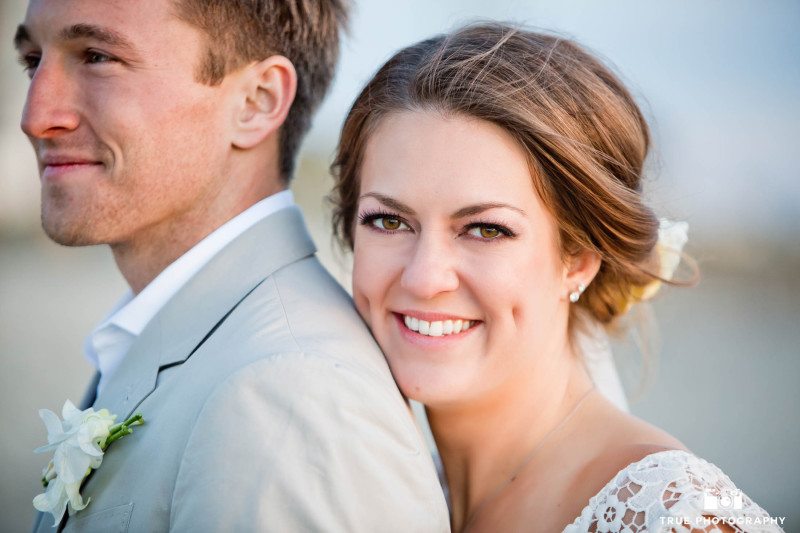 Coronado beach bride and groom closeup portrait