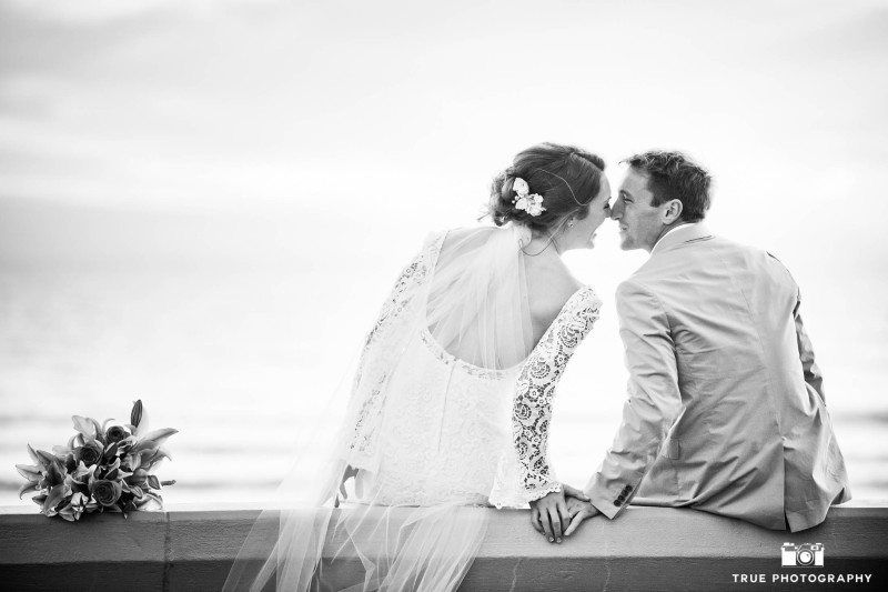 Coronado beach bride and groom portrait in black and white