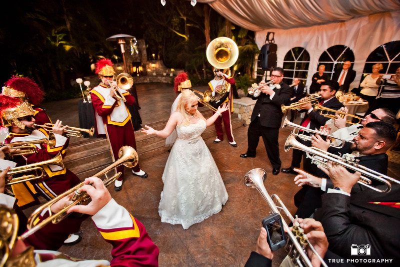 Bride serenaded by band of musicians during wedding reception