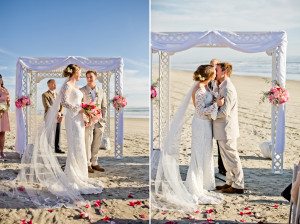 Blue sky's, sand and surf set the stage for the newlyweds first kiss as a married couple