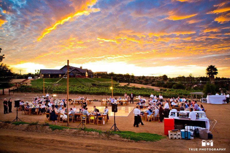 Aerial photo of stunning sunset during reception at vineyard
