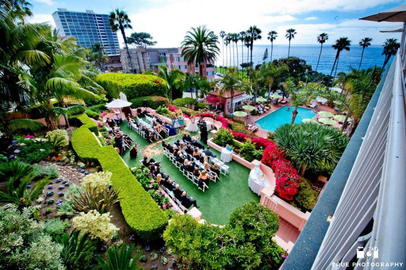 Aerial view of couple's wedding ceremony at La Valencia Hotel