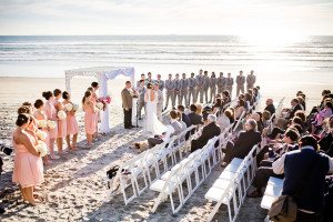 Photo of large bridal party, bride and groom and guest on Coronado beach