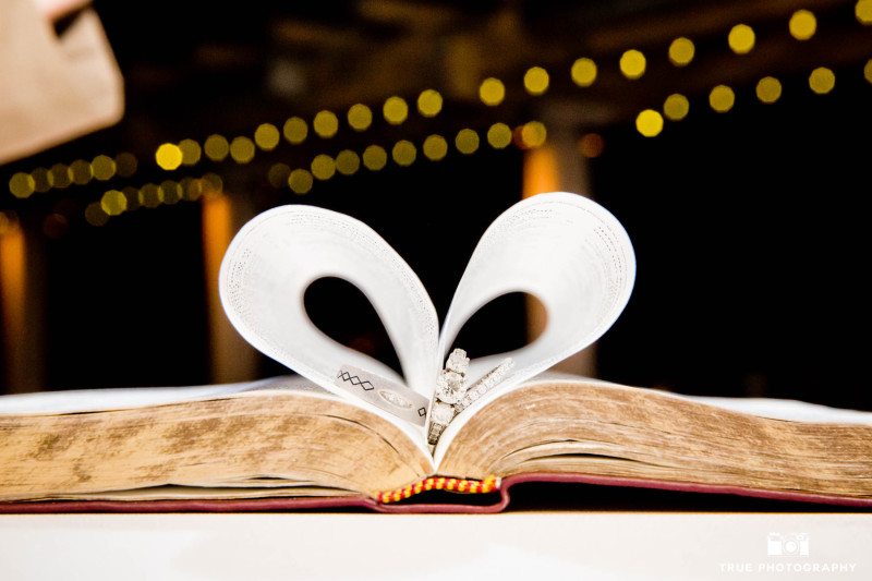 Wedding ring shot inside bible