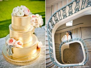 Traditional Couple in spiral staircase with gold crusted wedding cake