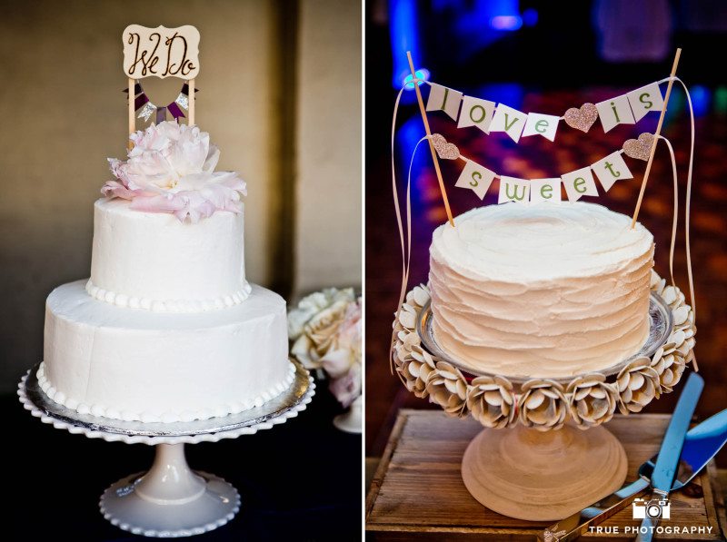 Cute, rustic wedding cake toppers with bannered signs