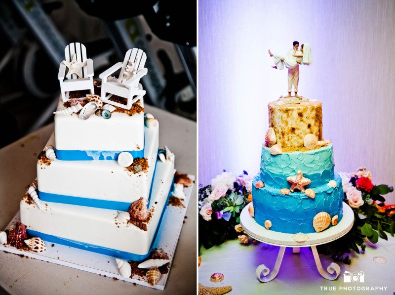 Creative, beach-inspired wedding cake toppers with chairs and sand