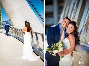 Bride and groom create their first look at The Harbor Drive Pedestrian Bridge