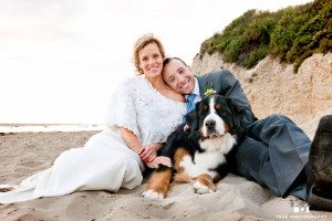 A Bride and Groom posing with Burnese Mountain Dog