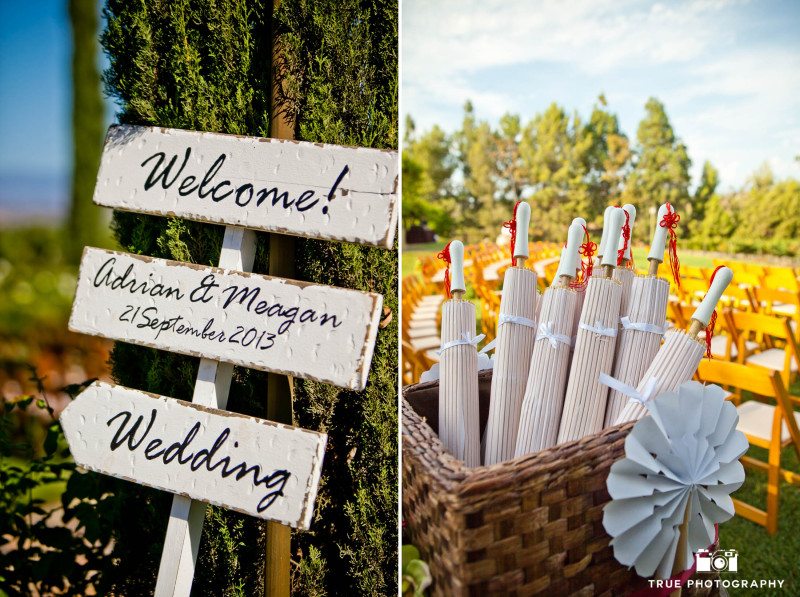 Umbrellas and Signs for vineyard wedding