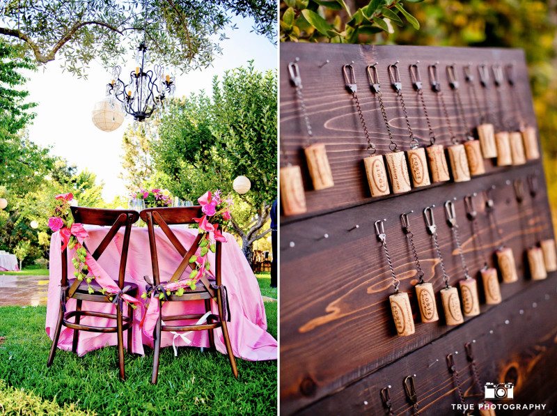 Rustic wine-related reception details during vineyard wedding