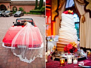 Modern couple in red sport car with ruffled wedding cake