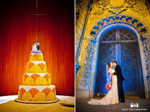 Dramatic orange and blue wedding couple and cake