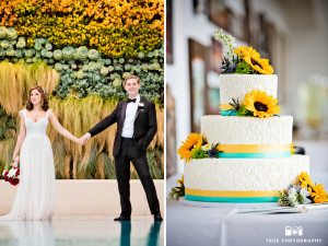 Wedding Couple and vibrant sunflower cake