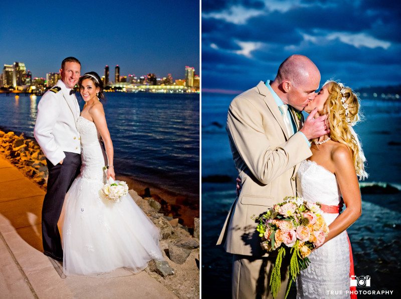 Newlyweds night shot next to San Diego bay